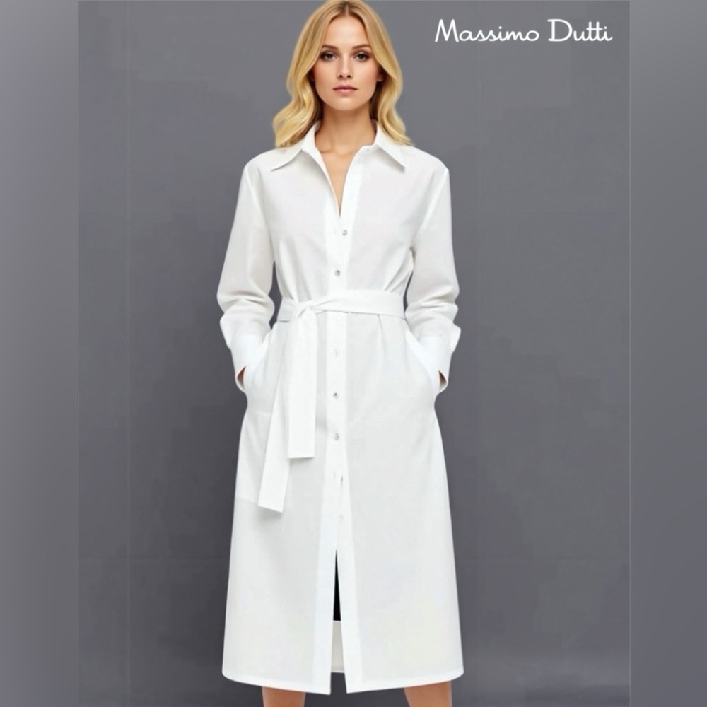 Massimo Dutti White Linen Belted Shirt Dress - Picture 1 of 4